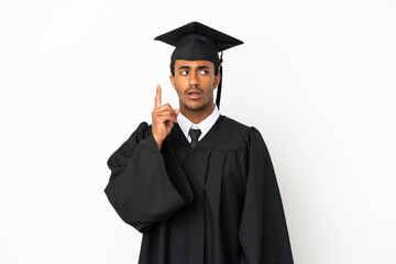 African American university graduate man over isolated white background thinking an idea pointing the finger up