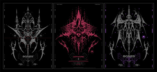 Modern poster in gothic style. Gothcore print, 3D abstract symmetrical spikes with bones. Dark print for t-shirt, hoodie and sweatshirt. Vector set