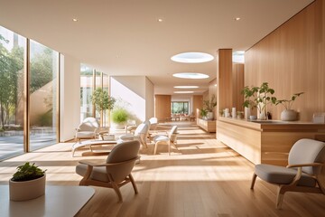 Fototapeta premium Empty lobby counter section in hospital healthcare background with clean and clear interior design