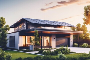 Solar photovoltaic panels on a house roof Generative AI