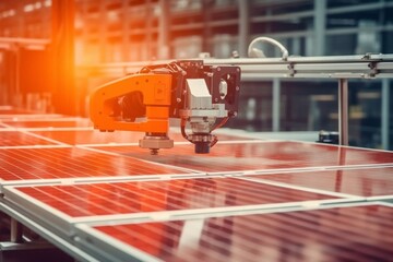 Naklejka premium Large Production Line with Industrial Robot Arms at Modern Bright Factory. Solar Panels are being Assembled on Conveyor. Automated Manufacturing Facility Generative AI