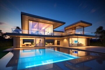 Obraz na płótnie Canvas External view of a contemporary house with pool at dusk Generative AI
