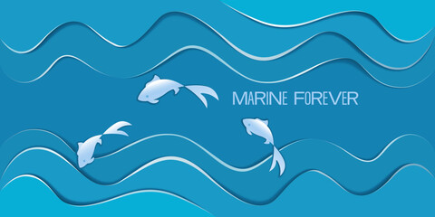 Marine background. Paper cut style. Flying fish. Marine forever. Sea, ocean waves from cut paper. 
