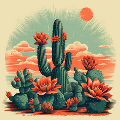 cactus tree illustration in retro style