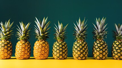 Pineapples in a row on a dark green and yellow background with copy space. Healthy fresh fruits