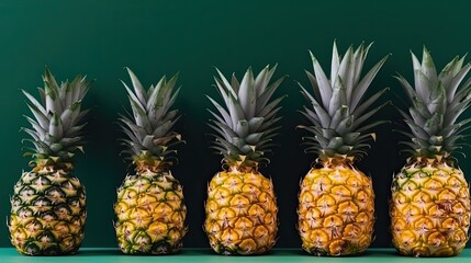 Isolated pineapples in a row on a dark background. Studio shot