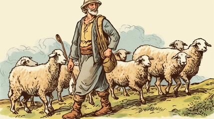 ILLUSTRATION OF A SHEPHERD AND SHEEP. GENERATIVE AI