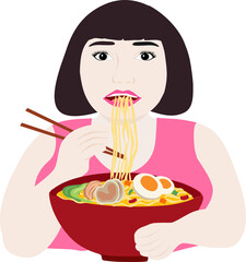 Woman eating noodle ramen bowl on png background
