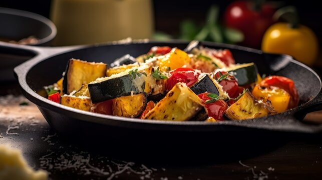 Polenta In A Cast Iron Skillet With Roasted Vegetables And A Scoop Of Melting Butter