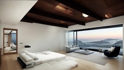 Multi bed bedroom interior design of a Modern House in an all-glass wall overlooking outside the city. High quality illustration. High ceiling, high glass window mid-century house.