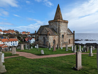A view of the ancient church overlooking the Firth of Forth at St Monans, Fife Scotland, UK.
