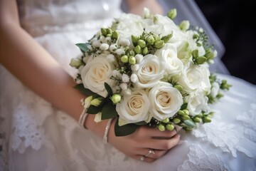 Obraz na płótnie Canvas A bride in a white lace wedding dress holding a bouquet of white roses. Generative AI
