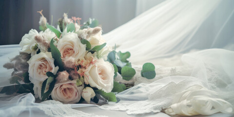 Fototapeta premium Beautiful bridal bouquet for a wedding. Tender roses on vintage background. Close up with short depth of field and space for text. Generative AI