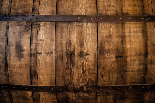 Old wooden barrel texture with hoops and bands, generative ai