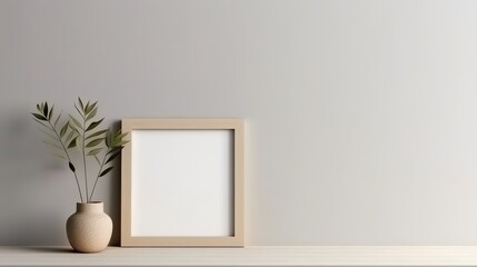 simple minimalist frame on wall, beige colour tone copy space generative ai