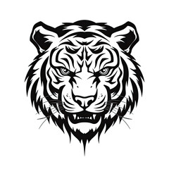 A drawing of a wild tiger face in black and white. Tattoo idea for a wildlife theme.