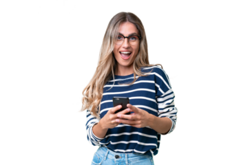 Young Uruguayan woman over isolated background surprised and sending a message