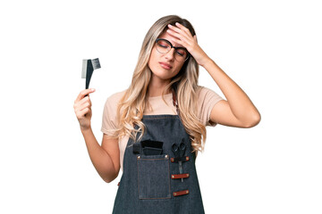 Young Uruguayan hairdresser woman over isolated background with headache