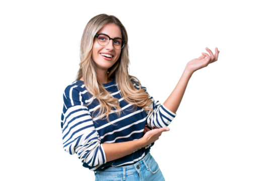 Young Uruguayan woman over isolated background extending hands to the side for inviting to come