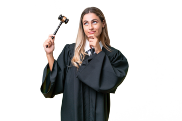 Judge Uruguayan woman over isolated background having doubts and thinking