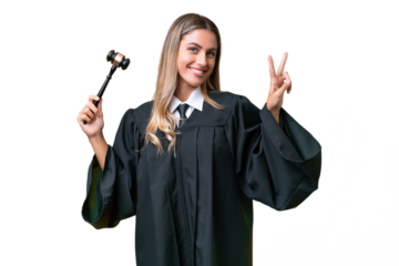 Judge Uruguayan woman over isolated background smiling and showing victory sign