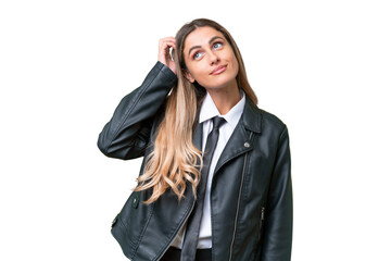 Business pretty Uruguayan woman wearing a biker jacket over isolated background thinking an idea