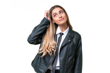 Business pretty Uruguayan woman wearing a biker jacket over isolated background thinking an idea