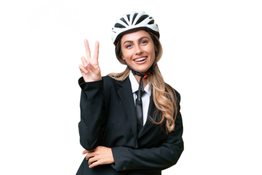 Business Uruguayan woman wearing a helmet biker over isolated background smiling and showing victory sign - Powered by Adobe