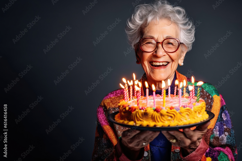 Wall mural Happy smiling wrinkled senior woman holds festive cake. Prepares for party or birthday celebration expresses good emotions. Special occasion age and festivity concept. Generative ai.