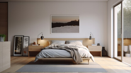 Generative ai illustration of a scandinavian minimalist bedroom with frame on wall