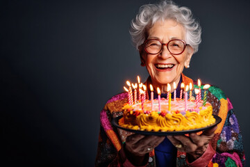 Happy smiling wrinkled senior woman holds festive cake. Prepares for party or birthday celebration expresses good emotions. Special occasion age and festivity concept. Generative ai.
