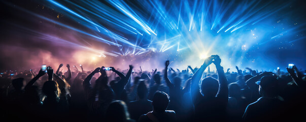 A crowd of people at a live event, concert or party holding hands and smartphones up . Large audience, crowd, or participants of a live event venue with bright lights above. Generative AI