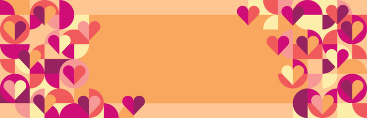 Abstract horizontal banner with hearts and geometric shapes in bauhaus style. Vector illustration