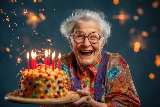 Happy smiling wrinkled senior woman holds festive cake. Prepares for party or birthday celebration expresses good emotions. Special occasion age and festivity concept. Generative ai.