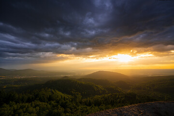 A threatening storm cloud passes over the Murg valley in the northern Black Forest while in the...