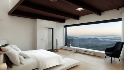 Multi bed bedroom interior design of a Modern House in an all-glass wall overlooking outside the city. High quality illustration. High ceiling, high glass window mid-century house.