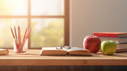 desk with writing materials, a book and an apple in organized room generative ai