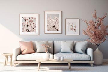 Fototapeta na wymiar Generative ai illustration of blank wooden frame and modern sofa against white wall
