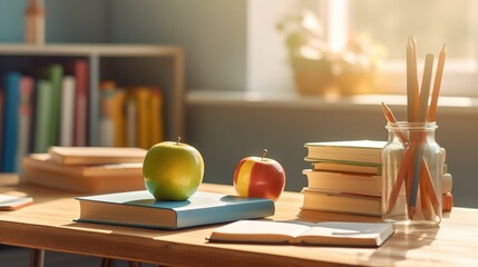 desk with writing materials, a book and an apple in organized room generative ai