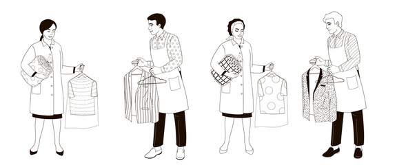dry Cleaning and laundry service staff smiling characters on   in uniform black and white outline 