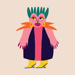 A quirky lady with a funny hairstyle and colorful makeup. Illustration in a fashionable flat style for Halloween