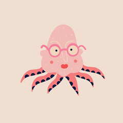 a quirky octopus with a cute face in glasses. Illustration in a modern children's hand-drawn style