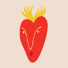 A cute quirky strange clockwork heart with a funny face and horns. Illustration in a modern childish hand-drawn style