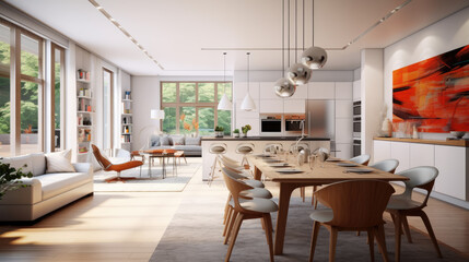 Generative ai illustration of a dining room and open plan kitchen by Day