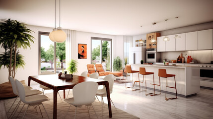 Fototapeta na wymiar Generative ai illustration of a dining room and open plan kitchen by Day