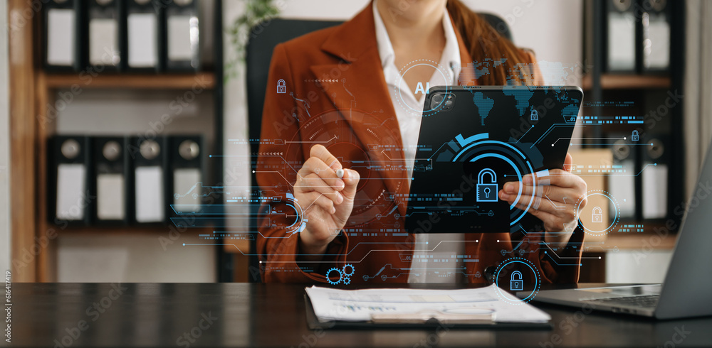 Poster cyber security and data protection. business using computer and tablet protecting business and finan