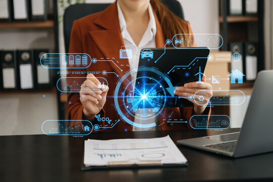 Business working with reduce CO2 concept with icons, global warming such as reforest green factory recycle and zero carbon dioxide emission concept. with VR icon at office.
