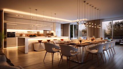 Fototapeta na wymiar Generative ai illustration of a dining room and open plan kitchen by Night