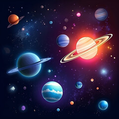 Fototapeta premium Cartoon illustration Of Space. Space flat background with planets and stars. Galaxy illustration for kids. Generative AI