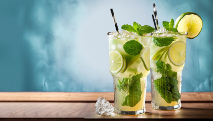 two mojito cocktails on wooden bar copy space composition with blur background